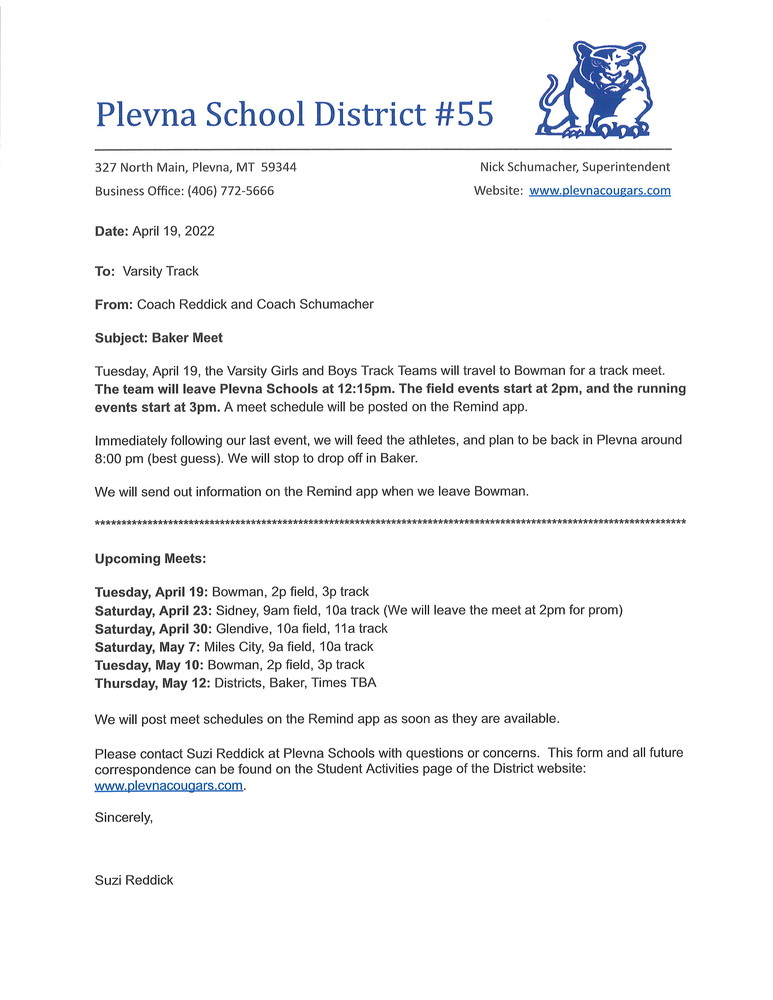 CANCELLED - Track and Field Travel Letter - April 19th