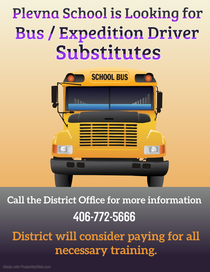 This is a picture of a school bus.  The Plevna School District is looking for substitute bus drivers.