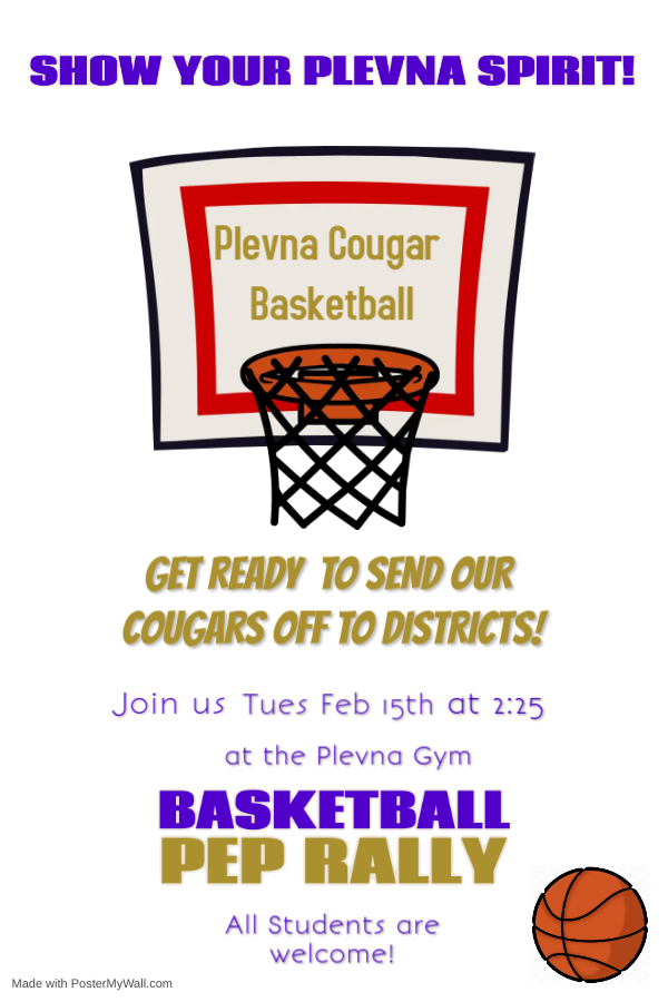 this is a poster of a basketball and basketball hoop advertising a pep assembly on Tuesday, February 15th.  